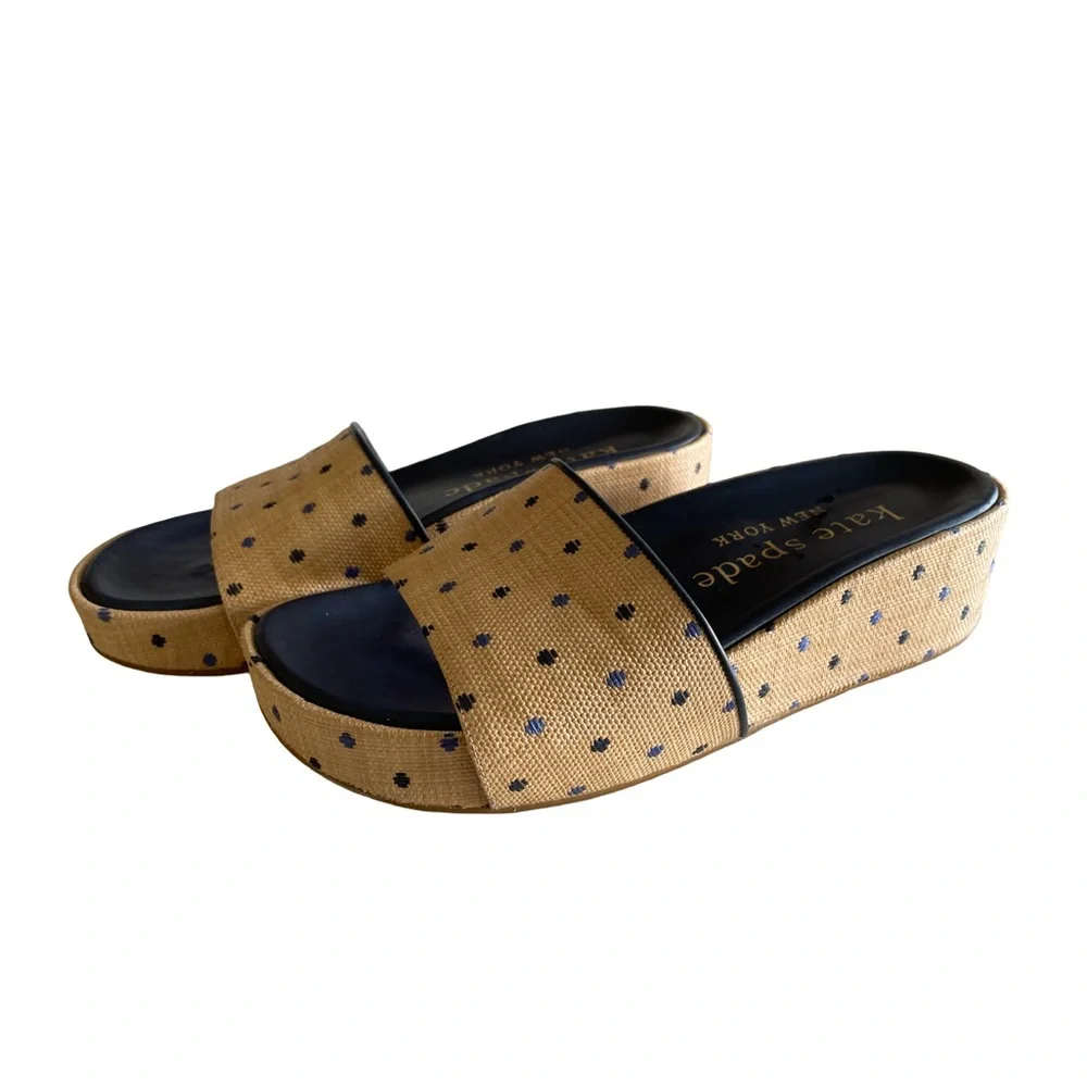 Kate Spade New York Breeze Raffia Platform Slide Sandals Polka Dot Wedge - Picture 3 of 11